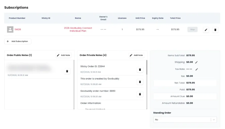 Subscriptions table with licenses and expiry, public and private notes, and order totals