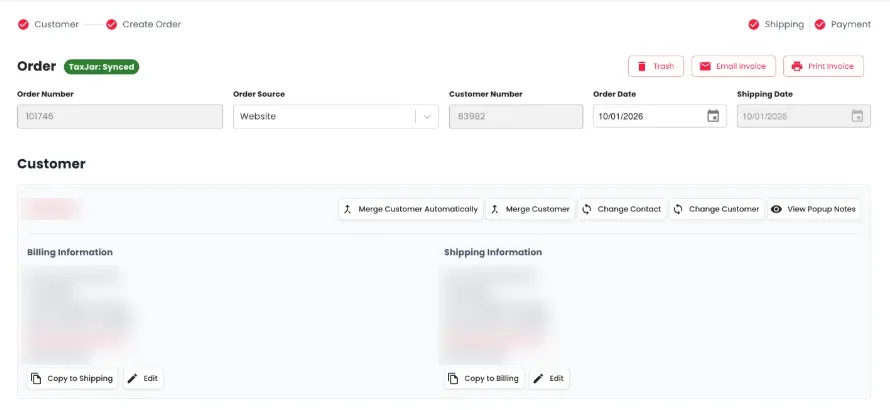Edit order screen with TaxJar synced badge, order source and billing and shipping details