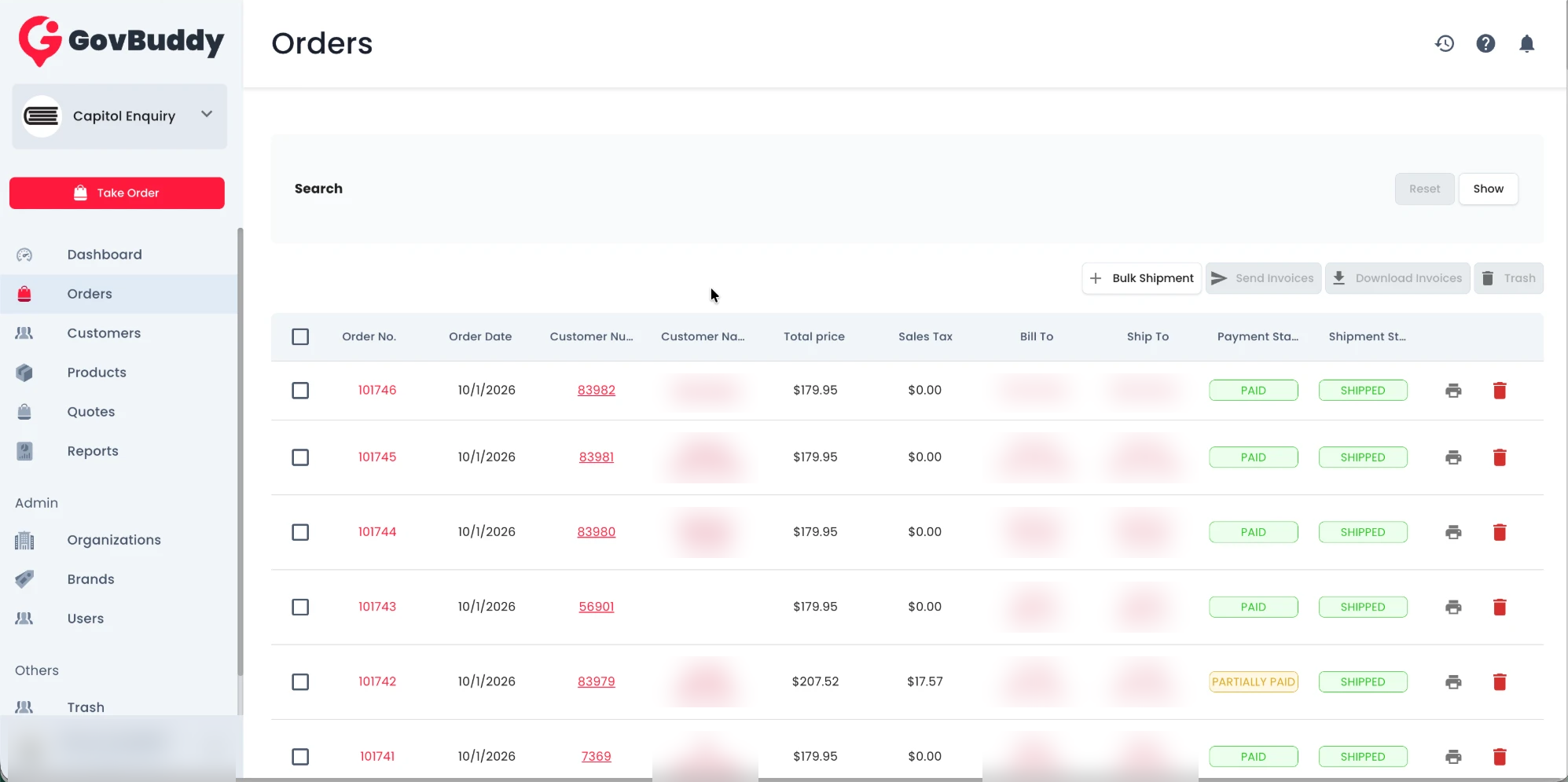 Orders screen of the multi-brand CRM portal built for GovBuddy, with customer details blurred