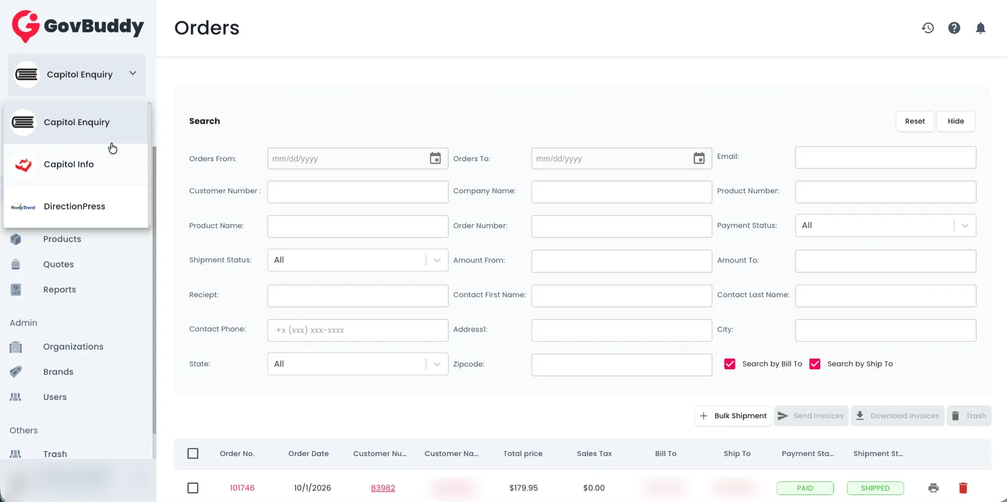 Brand switcher open over the orders page with an advanced search panel