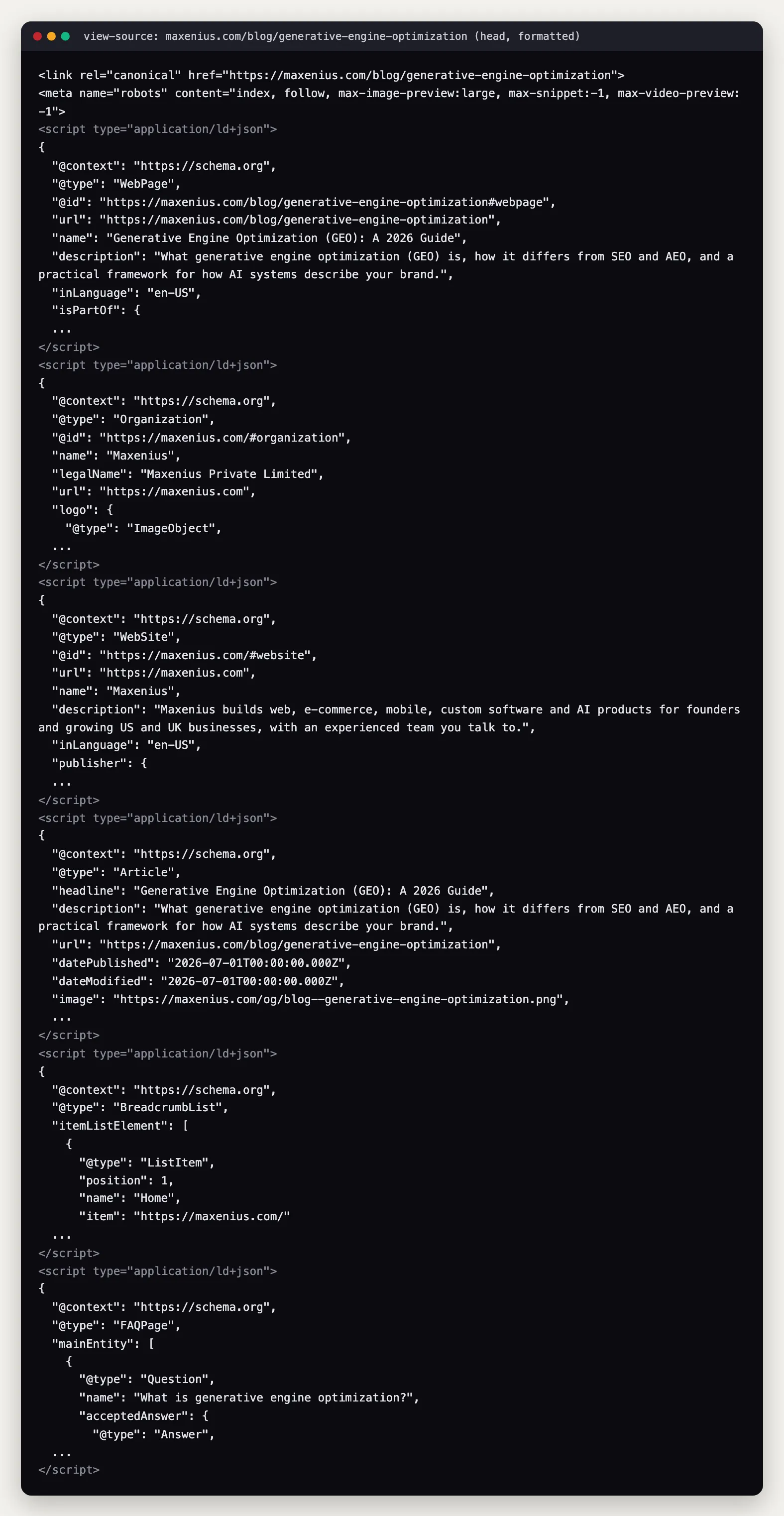 مقتطف منسّق من مخطط JSON-LD في مصدر HTML لإحدى صفحات maxenius.com