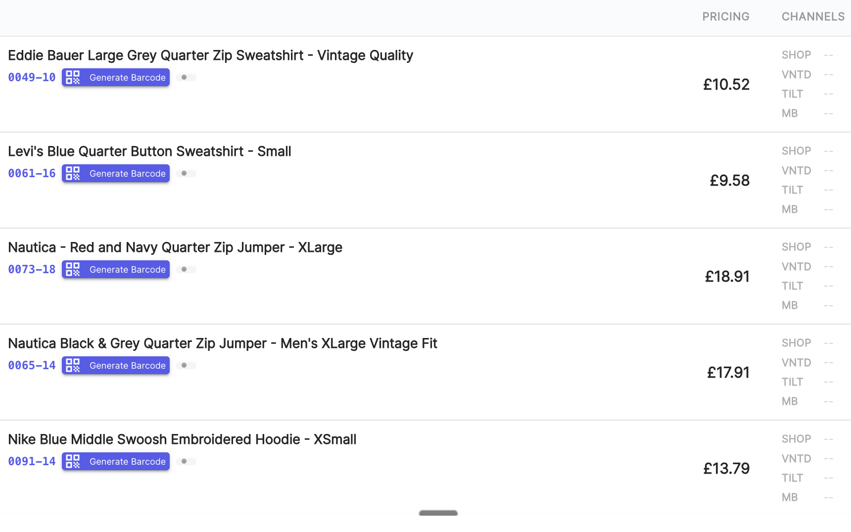 Product list in the resale back office, showing each item’s price and the sales channels it is listed on